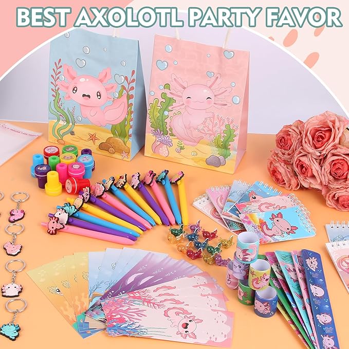 108 Pcs Axolotl Party Gifts Axolotl Stationery Gifts included Mini Toys Spiral Notebooks Ballpoint Pens Slap Bracelets Keychains Stamps Gift Cards and Gifts Bags for Axolotl Birthday Party Supplies