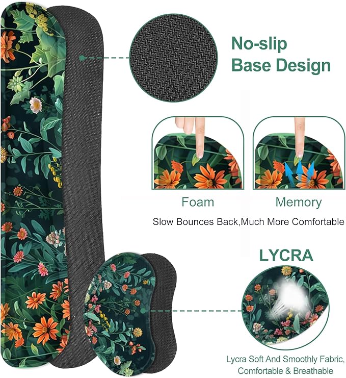 Desk Mat for Keyboard and Mouse, 4 in 1 Desk Pad, Ergonomic Mouse Pad Wrist Support, Keyboard Wrist Rest Set, Large Gaming Mouse Pad with Stitched Edges for Home Office, Green Daisy Leaves