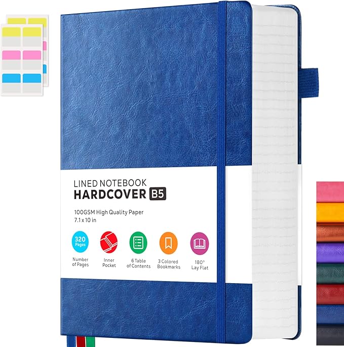 Leather Lined Notebook Journal, 320 Pages Hardcover Notebook Journals for Writing Women & Men, B5 (7.1'' X 10'') College Ruled Notebook with 100GSM Thick Paper for School Work Organization, Dark Blue