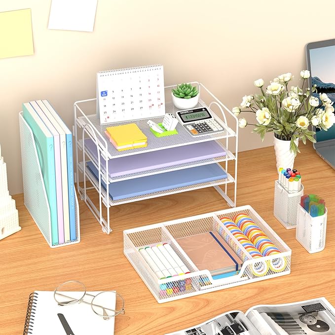 Marbrasse Desk Organizer and Accessories，4-Tier Paper Letter Tray Organizer with File Holder, Desk Accessories with Drawer and 2 Pen Holder (White, 15.4" x 9.1" x 8.3")