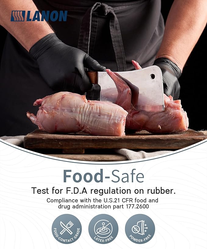 LANON Food Safe Disposable Nitrile Gloves, Latex-Free, Powder-Free, Silicone-Free, Textured Fingertips, Cooking, Black，Large