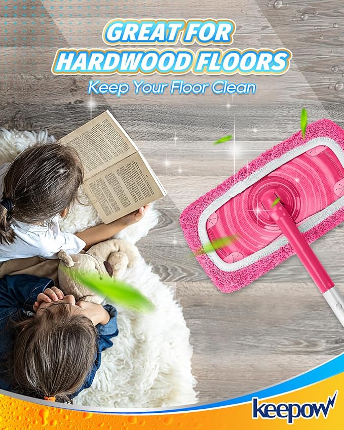 KEEPOW 4 Pack Reusable Mop Pads Compatible with Swiffer Sweeper, Microfiber Washable Pink Swiffer Mop Pads, Dry & Wet Sweeping Mopping Cloths (Pink)