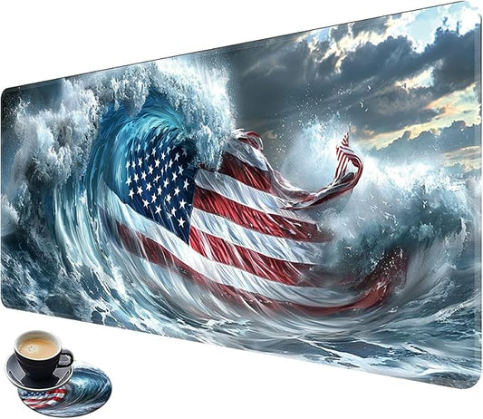 Desk Mat Large Gaming Mouse Pad (31.5x11.8 inch) with Stitched Edges, XL Mouse Pad +Coaster, Extended Mouse Mat Keybroad Mousepad Non-Slip Rubber for Gamer Men Women, Wave American Flag