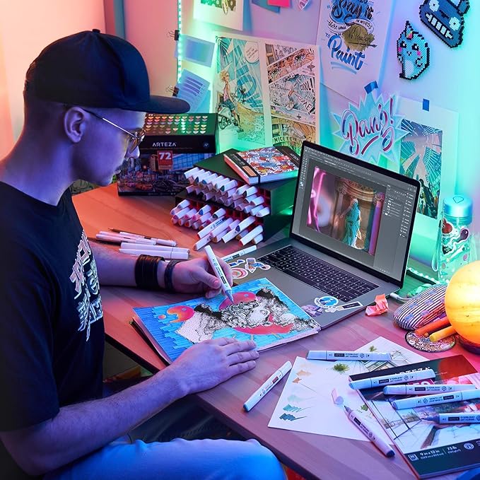 ARTEZA Art Alcohol Markers Set of 72 Colors, EverBlend Dual Tip Markers with Organizer Box, Fine and Broad Chisel Nib