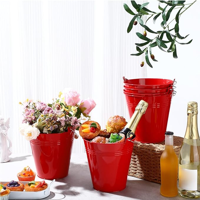 Zopeal 6 Pcs Large Metal Bucket Beer Bucket Galvanized Steel Pail with Handle for Gifts Basket Ice Candy Party(7.4 x 7.2 x 4.6 Inch,Red)