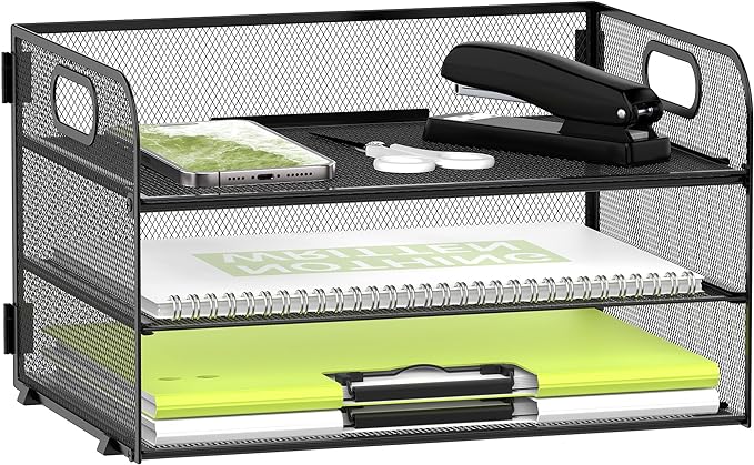 Daltack 3-Tier Paper Organizer with Handle, Mesh Desk Organizer Letter Tray, Paper Tray Organizer File Organizer for A4 File Folder, Black