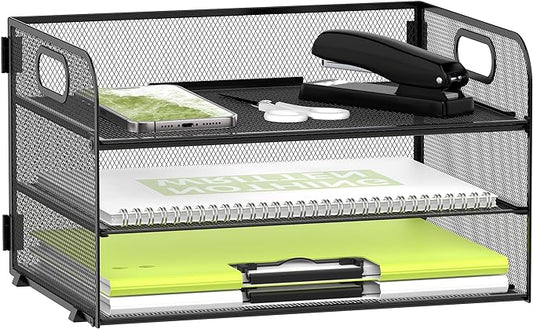 Daltack 3-Tier Paper Organizer with Handle, Mesh Desk Organizer Letter Tray, Paper Tray Organizer File Organizer for A4 File Folder, Black