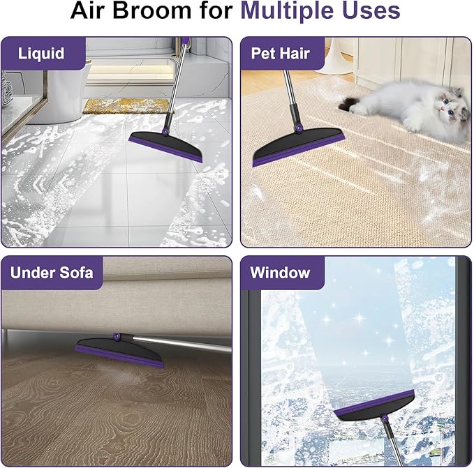 UDUK Broom with Dustpan Combo Set and Silicone Air Broom Kit, 51" Long Handle Floor Squeegee, Purple Household Kit for Glass Window Rugs Pet Hair Home