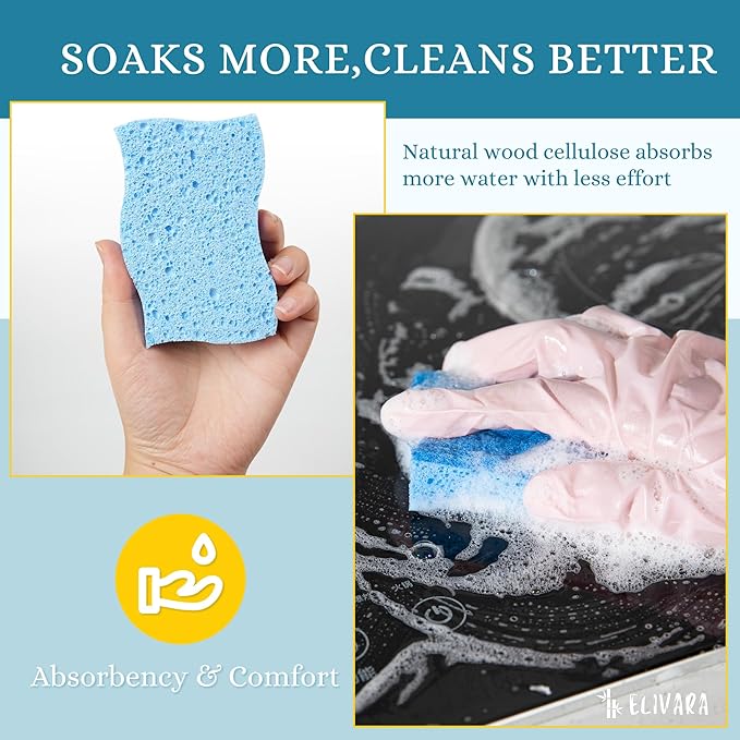 ELIVARA Kitchen Sponges – 12 Pack – Non-Scratch Dual-Sided Cellulose Scrub Sponges for Dishes, Pots, and Pans – Durable, Absorbent, and Reusable (Dark Blue/Light Blue)