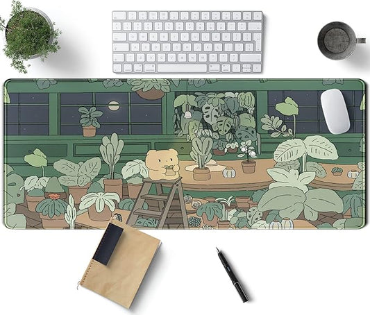 Kawaii Bear XL Gaming Mouse Pad & Desk Mat - 31.5x11.8 in, Aesthetic Brown & Green Forest Keyboard Pad