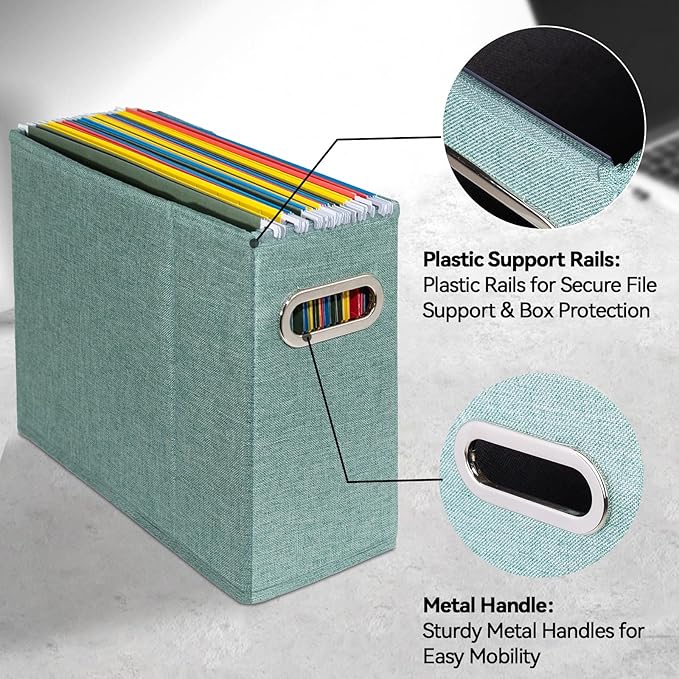 4 Packs Letter Size File Organizer, File Folders Organizer, Fabric Storage Box, Collapsible Paper Organizer with Metal Handle, Smooth PVC Rails, Only Box (Green)