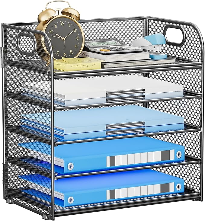 5 Tier Paper Organizer for Desk File Organizer with Handle Mesh Letter Tray Paper Sorter Desk Organizer for Office Home Supplies-Grey