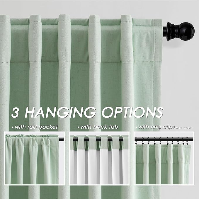Aqua Green Linen Curtains 102 Inches Long Back Tab Rod Pocket Flax Linen Drapes Sound Absorbing Blackout 2 Panels Set Thermal Insulated for Dining Room Modern Urban Curtains Drapes 52x102