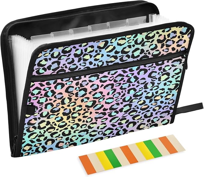 Gredecor Leopard Spots Neon Gradient Expanding File Folder 13 Pockets Expandable Filing Folders Accordion Document Files Organizer for A4 Letter Size Paper