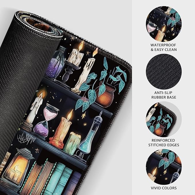 Gothic Library Large Gaming Mouse Pad 31.5"x15.7"｜Vintage Bookshelf XXL Desk Mat, Non-Slip Rubber Base & Stitched Edges - Extended Waterproof Mousepad for PC/Laptop/Office/Home Decor