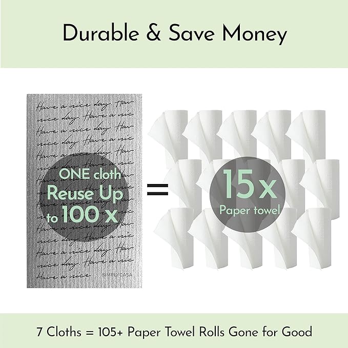 Long Gray 7‑Pack Swedish Dishcloths – Reusable,Cellulose Sponge Dish Cloths for Washing Dishes, Paper Towel Replacement, Plastic-Free Packaging, Super Absorbent
