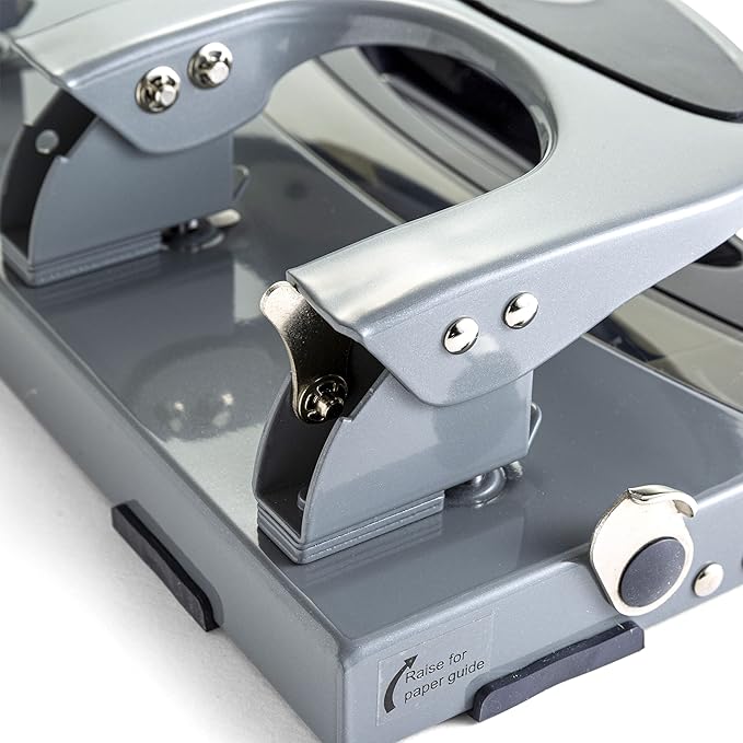 Officemate Deluxe 3-Hole Punch, Heavy Duty, with Chip Drawer, 45 Sheet Capacity (90100), Silver/Navy