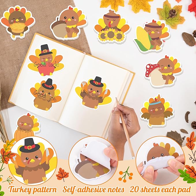 CJiangpo 60Pcs Turkey Sticky Notes - Cute Fall Turkey Sticky Note Pads, 1200 Sheets Self Stick Notepad Memo Pads Funny Page Marker Classroom Rewards Back to School Thanksgiving Party Gift for Kids