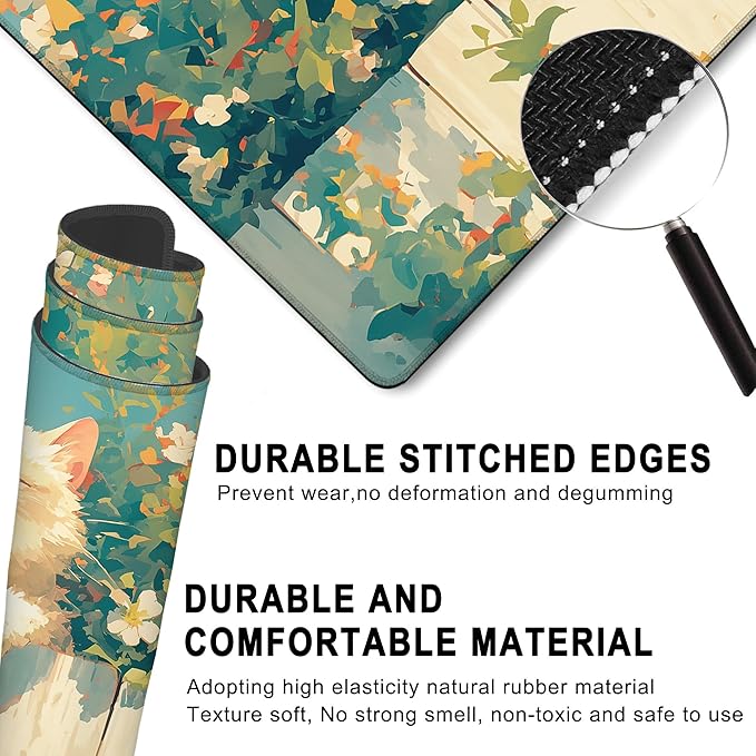 Gaming Mouse Pad, Cute Happy Cat with Flower Large Desk Mat for Keyboard and Mouse,Non-Slip Rubber Base and Stitched Edges Desk Pad for Home Office 35.4x15.7in