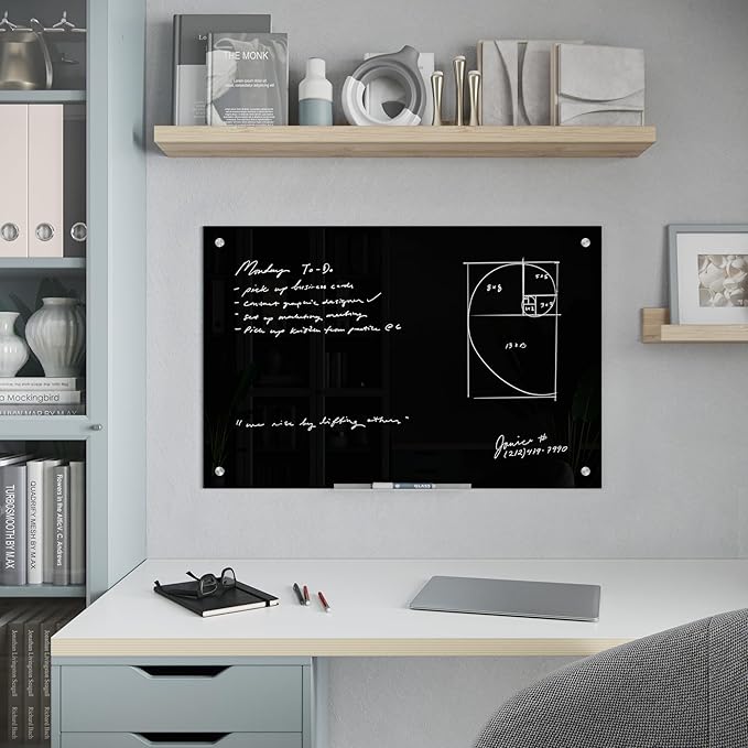 U Brands Glass Dry Erase Board, 24" x 36", Black Surface with Silver Grommets, Frameless, Includes Marker with Built-in Eraser