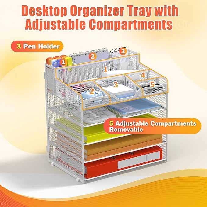 Docnest 5 Tier Mesh Desk Organizer for Paper Office Supplies – Multi-Functional Letter Tray with 5 Adjustable Compartments, 3 Pen Holders, Desktop Storage for Files, Mail, Stationery – White