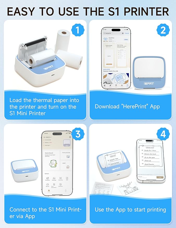 iDPRT Portable Sticker Maker Machine with 1 Roll Sticker Paper, Mini Printer Efficiently and Quickly, Thermal Printer for Study Notes, Pictures, DIY, Label, Free App with Multiple Templates,Blue