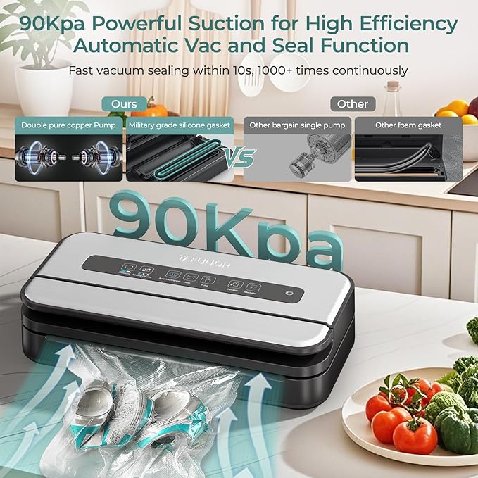 Vacuum Sealer, 90Kpa Food Vacuum Sealer Machine Built-in Cutter & Bag Storage, Food Preservation Dry/Moist/Liquid Mode, Handle Locked Design