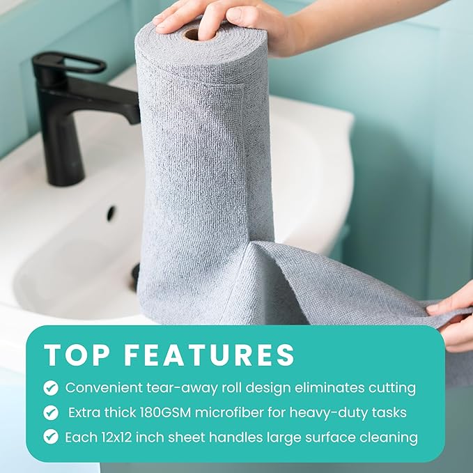 Microfiber Cleaning Cloth Roll, Reusable Tear Away Towels, Ultra Absorbent Dish Rags for Car, Home, Garage (Grey 180 GSM Thickness)