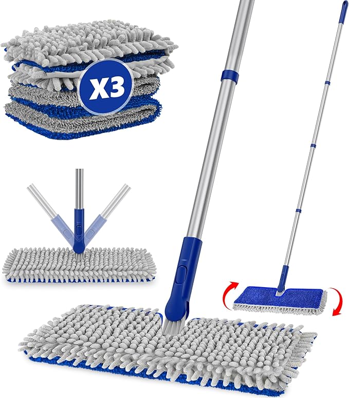 Enspoway 2-Sided Microfiber Dust Mop: Dry Flat Wall Mop for Hardwood Floors with 3 Reusable Pads Reversible Head for Apartment Kitchen Tile Laminate Pet Hair Cleaning