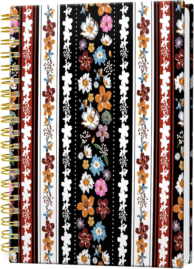 Spiral Journal Notebook, Hardcover Lined Journal for Women, Medium 6 x 8.4 in, 120 Pages Thick Paper, College Ruled Notebook for Writing, Work, Office, and School,Boho Stripe Colorful Flowers