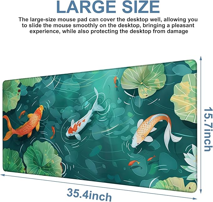 Colorful Koi Fish Gaming Mouse Pad 3mm Thick Stitched Edge Waterproof Non-Slip Large Computer Keyboard Mouse Mat,Suitable for Office Entertainment Decorative Desk Pad 35.4 x 15.7 Inches