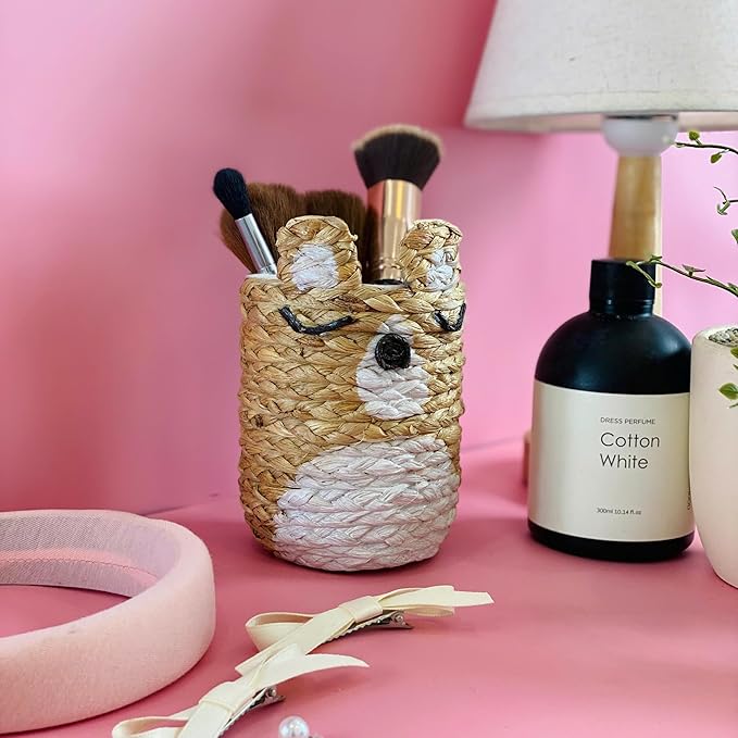 Decorative pen holder for home office desk organizer, round baskets for décor, wooden pencil holder, small makeup brush holder (4)