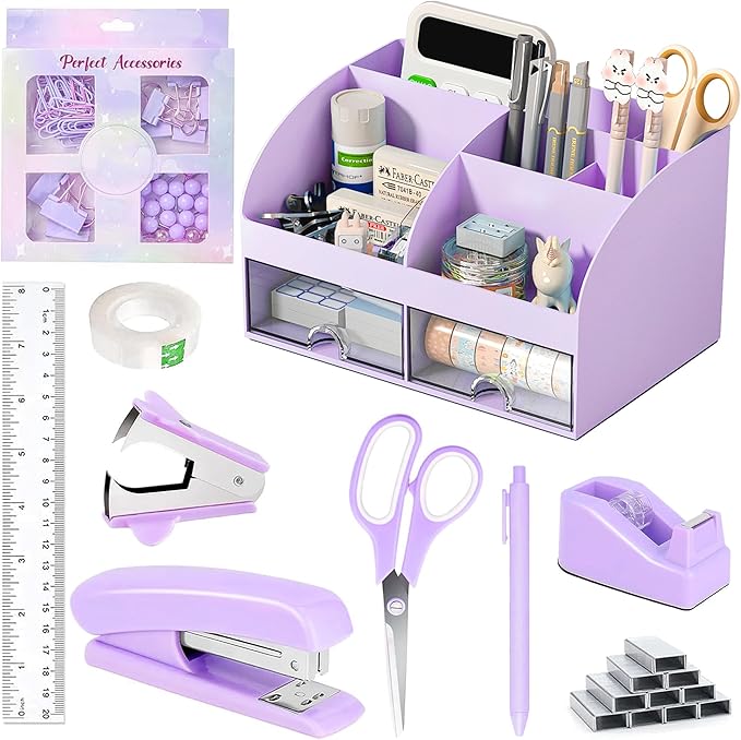 Desk Accessories with Pen Holder, Office Supplies Desk Organizers and Accessories, Tape Dispenser, Stapler, Staple Remover, Staples, Clips Set, Ruler, Scissor, Pen, Tape (Purple)