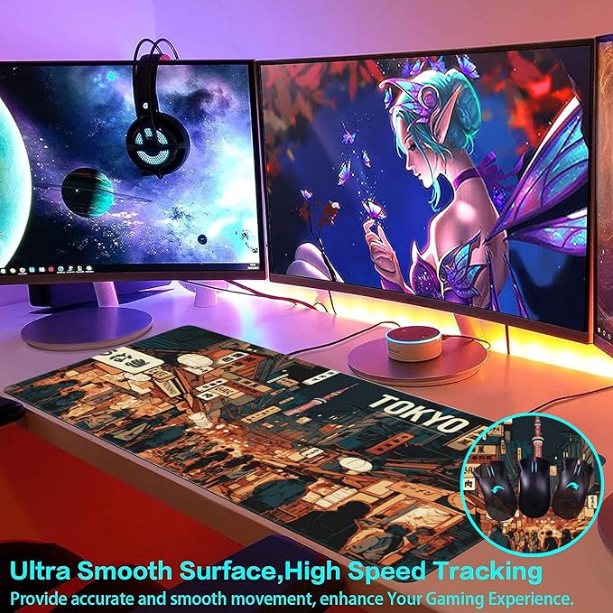 Large Gaming Mouse Pad, Japan Tokyo Yokocho Vintage Street Desk Mat for Desktop, Non-Slip Rubber Base Stitched Edges Long Computer Keyboard Mouse Mat Desk Pad for Home Office 35.4"X15.7"