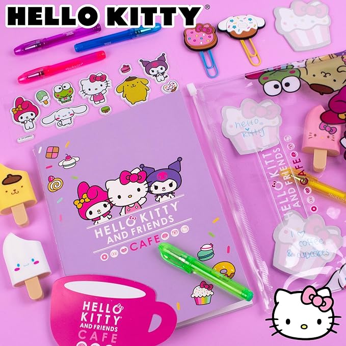Hello Kitty 22-Piece Kawaii Stationery Set, Cute School Supplies, Sanrio Accessories, Includes Notebook, Squishy Stickers, Sanrio Pens, Travel-Friendly, Easy Storage, Collectible, Unisex, Ages 4+