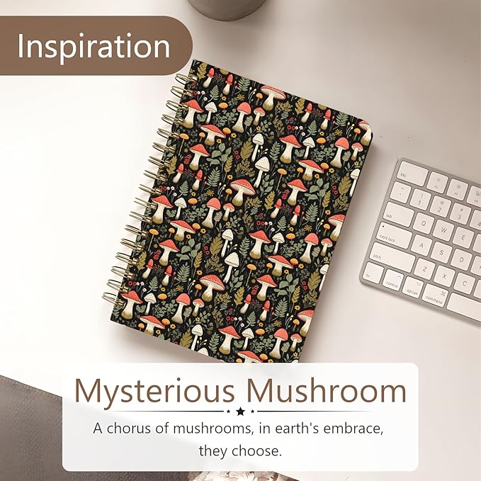 Cute Spiral Notebook journal A5 Aesthetic Pretty Floral Design for Women Girls Kawaii with Pocket, 8.5 x 5.7 inch, Mushroom