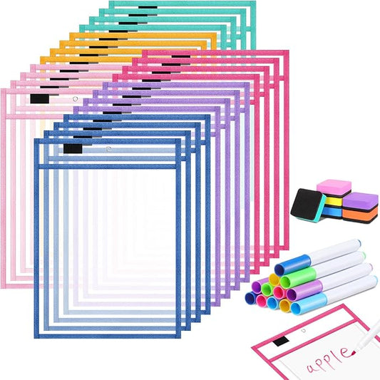 24 Pack Dry Erase Pocket Reusable Sleeves 10" x 14" Clear Plastic Sheet Protectors with Dry Erase Markers and Mini Sleeves Paper Teacher Supplies(Oh Happy Day Color)