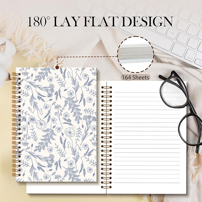 Blue Floral Notebook Journal - Floral Journal, Flower Notebook, Flower Botanical Spiral Notebooks, Blue Aesthetic Notebooks for Women, Grandmillennial Decor School Office Supplies, 6x8.2In