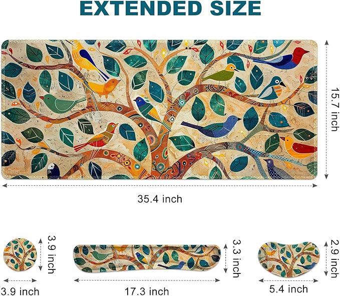 Large Desk Mat Set, Extended Gaming Mouse Pad with Wrist Rest, 4 in 1 Ergonomic Mouse Pad with Wrist Rest Keyboard Mat Combo for Home Office, Colorful Tree Bird