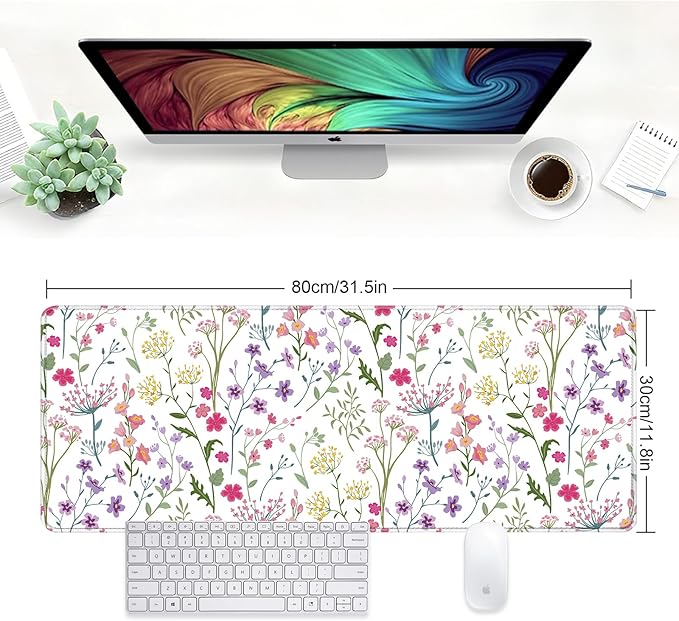 Large Desk Mat, Desk Matt for Desktop, Computer Gaming Mouse Pads, Anti-Slip Rubber Base, Stitched Edges Soft Mat for Desktop Office Home 31.5 x 11.8 Inches (Blooming Flower)