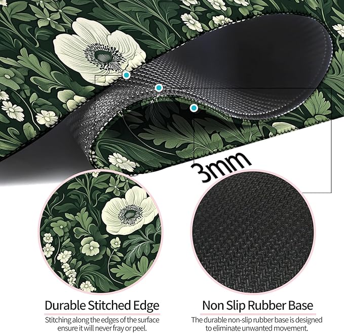 Green Plant Wildflower Gaming Desk Mat, Computer Keyboard Large Extended Long Floral Mouse Pad for Office and Home, XL (W26)