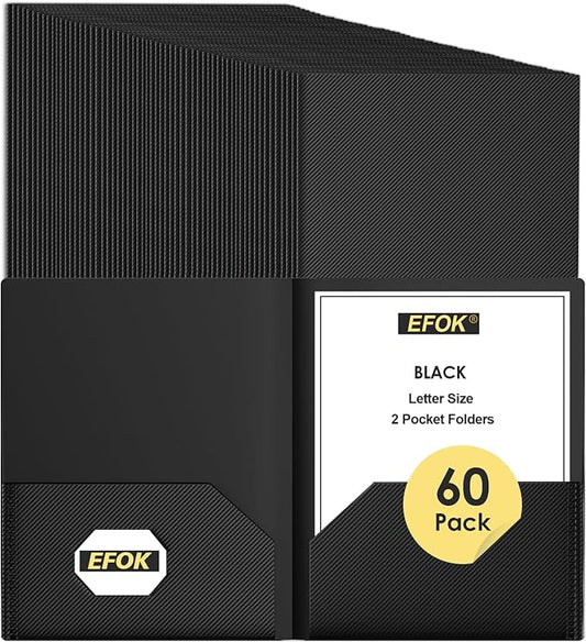 60 Pack Heavy Duty Black Plastic Folders with 2 Pockets Bulk, Textured File Folders with Business Card Slot, Letter Size Filing Supplies for Back to School & Office Organization