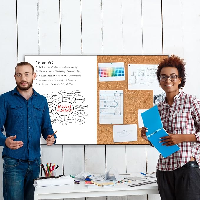 ARCOBIS Cork Board White Board Combo, Bulletin Board-Black Frame, Magnetic Dry Erase Board & Corkboard for Wall, Vision Board for Home, Office, School (Black, 48 x 30)