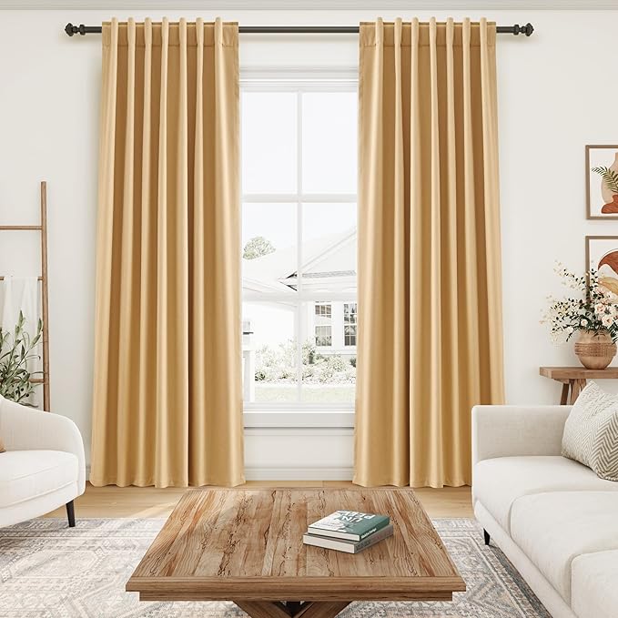 Camel Linen Blackout Curtains 108 Inches Long 2 Panel Set for Living Room Back Tab Pocket Drapes Cotton Textured Room Darkening Light Blocking Curtain for Bedroom Cottage High Window 52x108