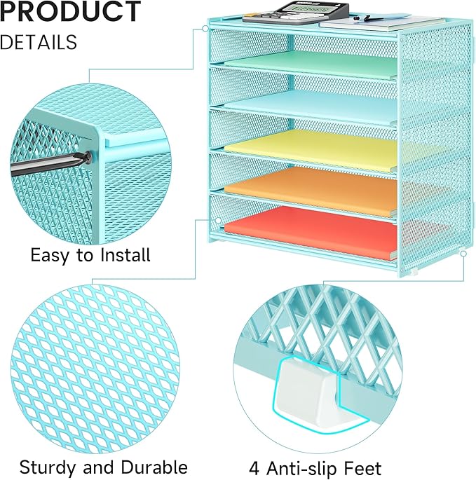 6 Tier Paper Organizer, Metal Mesh Desk File Folder, Letter Tray Organizer, Paper Sorter Desk Organizers for Office, Home or School File Folder Holder - Blue