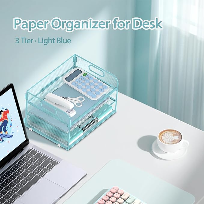 Supeasy 3 Tier Paper Organizer with Handle, Mesh Desk Organizer Letter Tray, Paper Tray File Organizer for A4 File Folder, Blue