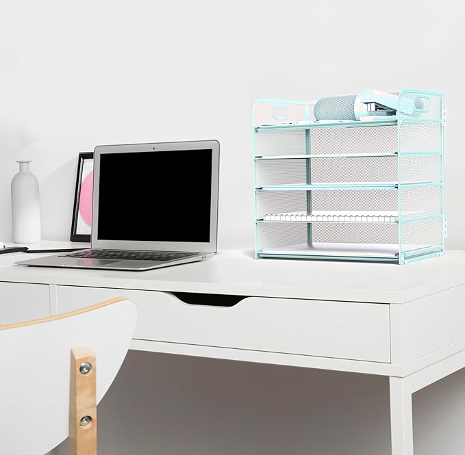 Letter Tray Paper Organizer 5-Tier Desk Organizer File Organizer Paper Holder with Handle, Metal Desktop Document Shelf Tray Office Classroom Organization - Blue