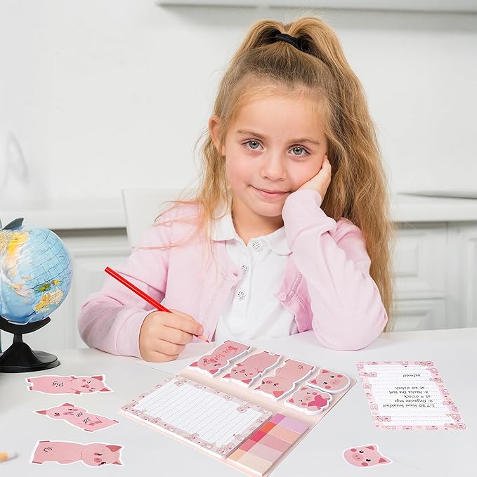 B1ykin Sticky Notes Set, Cartoon Theme Cute Self-Stick Notes Pad Teacher Appreciation Gifts， Self-Adhesive Writing Memo Pages Sticky to Do Notepad for Kids Employee School Office (Pink Piggy)