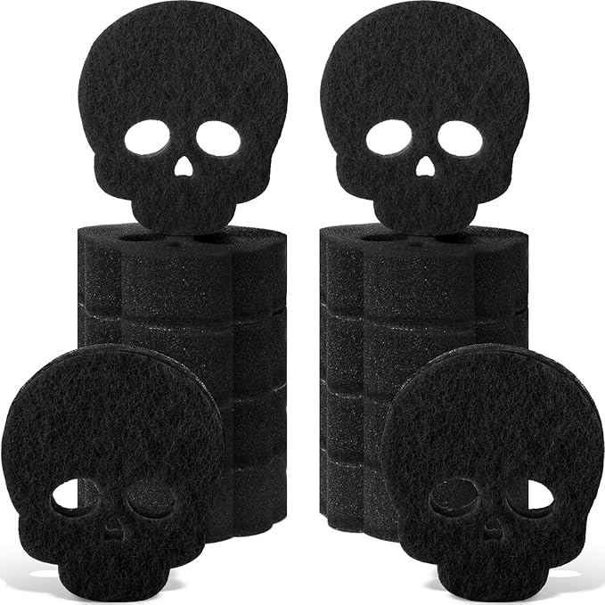 Tioncy 12 Pack Halloween Sponges Bulk Scrubber Black Skull Sponges Dual Sided Dishwashing Non Scratch Skull Kitchen Accessories Dish Scouring