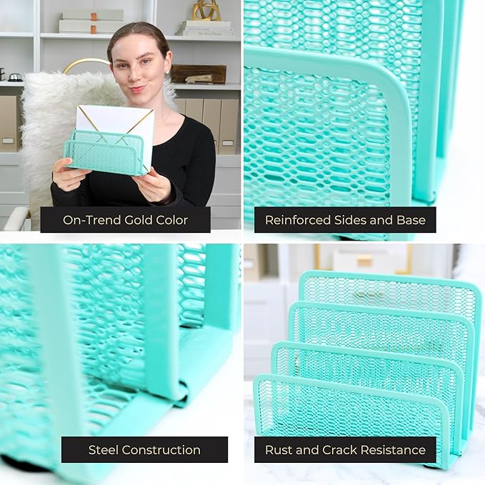 Blu Monaco Aqua Metal Mesh Letter Sorter – 3-Slot Mail Organizer for Desk, Office & Home – Space-Saving Vertical Mail Holder for Envelopes, Documents & Files – Modern Desk Organizer